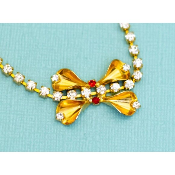 7 inch, Vintage Clear Rhinestones Gold Tone Ribbon Bracelet, E41 - Picture 2 of 3